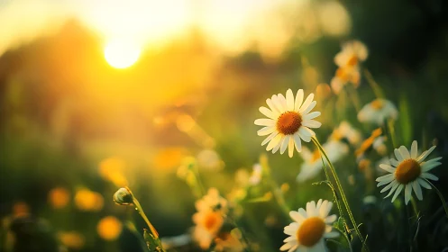 Daisy flowers in warm sunset light over soft green field.