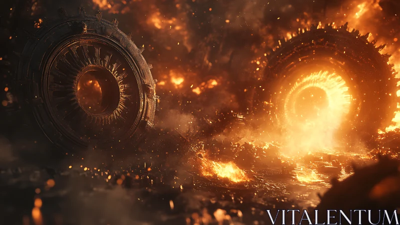 Burning mechanical rings amid molten industrial ruins.