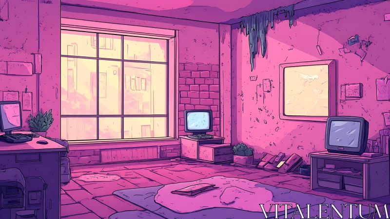Retro computer loft bathed in magenta ambient window light