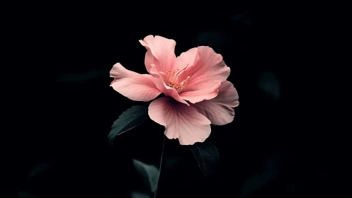 Pink hibiscus bloom isolated against dark background with dramatic lighting.