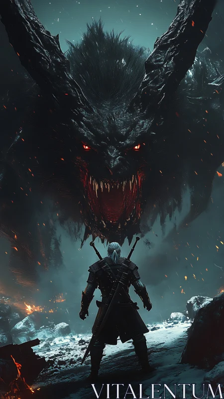 Digital painting of lone warrior versus colossal demon form.