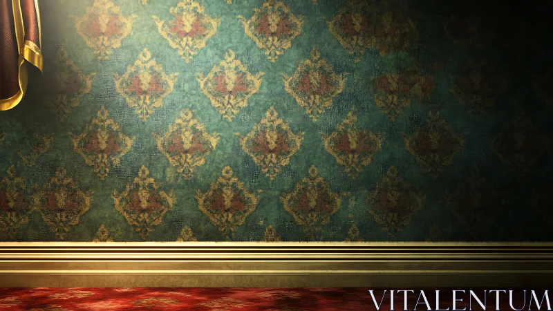 Vintage patterned wall glowing with soft golden light.