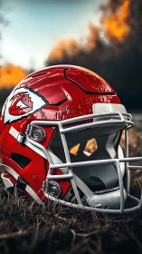 Red football helmet on grass in warm evening light.