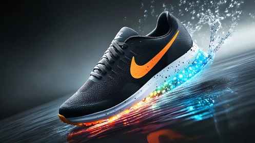 Electric running shoe powers across water with neon energy