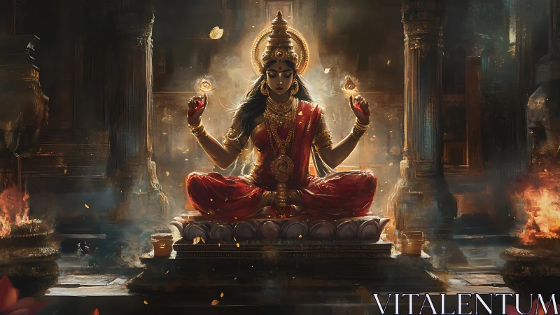 Radiant goddess in red seated in a glowing temple sanctuary.