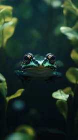 Underwater frog portrait amid soft aquatic foliage.