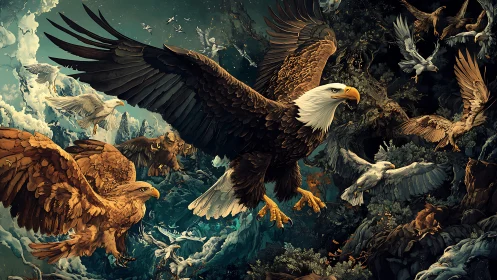 Majestic eagles soaring in vibrant fantasy forest scene illustration.