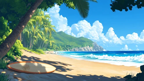 Tropical Paradise Beach with Surfboard and Palm Shaded Sands.