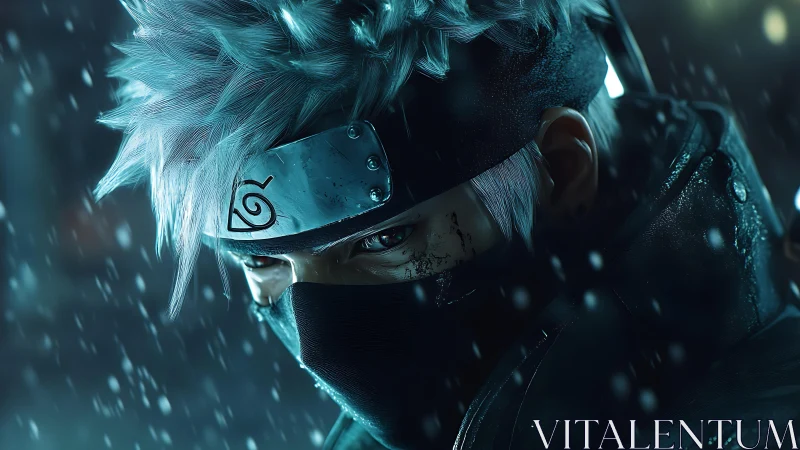 Snow-drenched masked shinobi in high-fidelity portrait render.