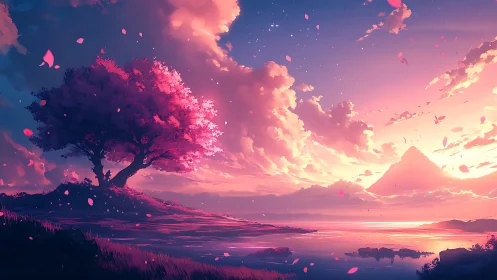Radiant pink tree overlooks luminous sunset lake panorama