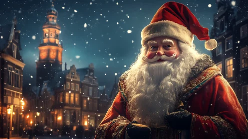 Santa figure in snowy European street at night scene.