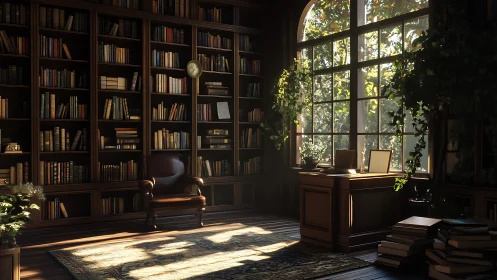 Sunlit classic library with leather chair and desk view