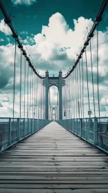 Suspension footbridge perspective with converging cables and teal sky