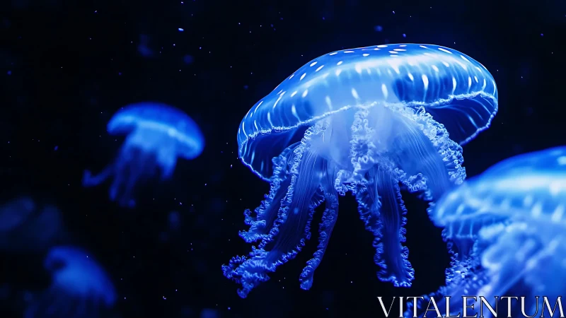 Bioluminescent blue jellyfish drift through dark ocean depths