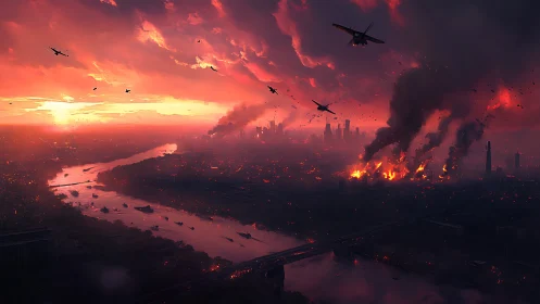 Burning river metropolis under crimson war-torn sky.
