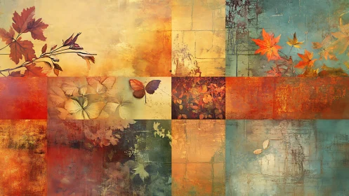 Autumnal leaf collage integrates textured grids and warm gradients
