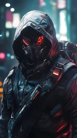 Hooded masked figure stands in illuminated urban night setting