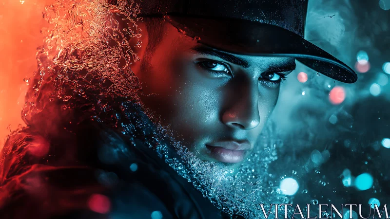 Neon storm gaze in liquid-light portrait of urban cool.