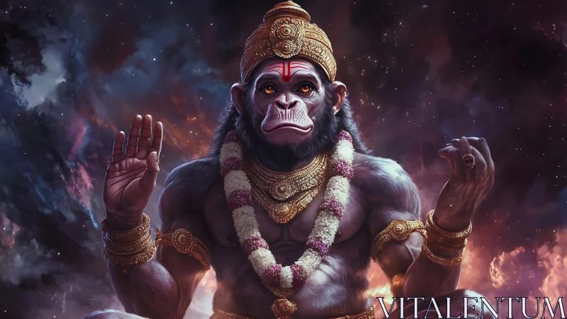 Simian deity in luminous nebular field, hyperreal rendering.