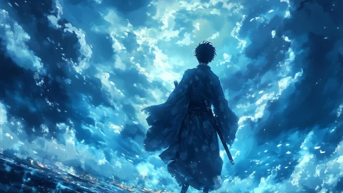 Backlit samurai silhouette framed by turbulent cyan cloud vortex