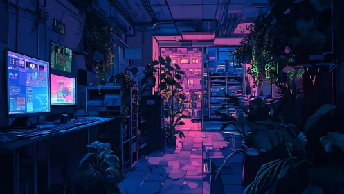 Night office interior shows dual-monitor workstation and plants