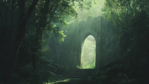 Ancient Gateway: Mystical Portal Through Emerald Woods