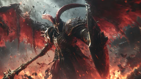 Demonic warlord towers over burning battlefield inferno.