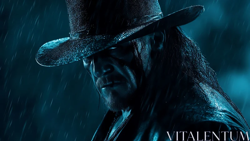Brooding cowboy in rain under dramatic blue lighting.