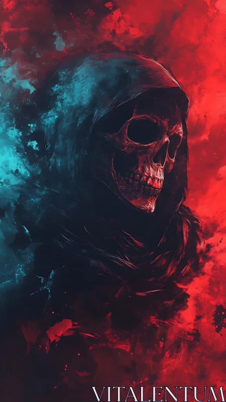 Crimson storms court the hooded reaper in swirling twilight