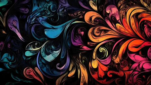 Fluid multicolored abstract swirls on dark contrasting background.