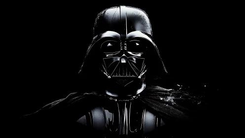 Helmeted sci fi villain portrait in stark black armor.