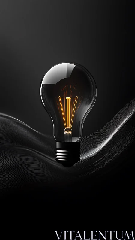 Glass light bulb glows above dark metallic wave surface