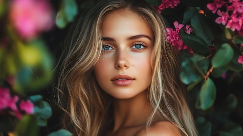 Serene blue-eyed woman framed by vivid blooming flowers.