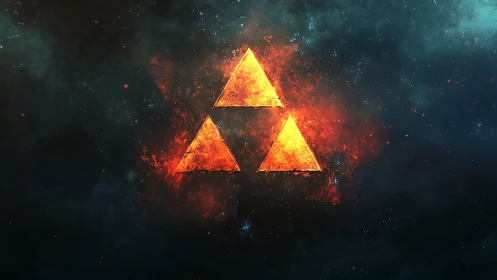 Molten triangular sigil ignites within cosmic smoke field.