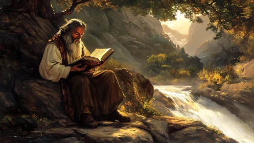 Elderly sage studies illuminated manuscript beside river