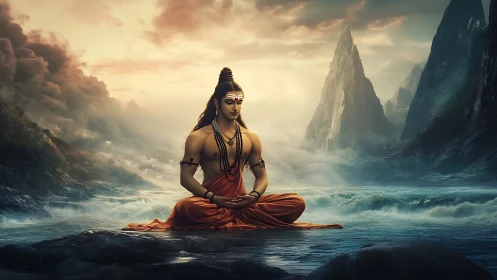 Meditating sage seated by mystical river and peaks.