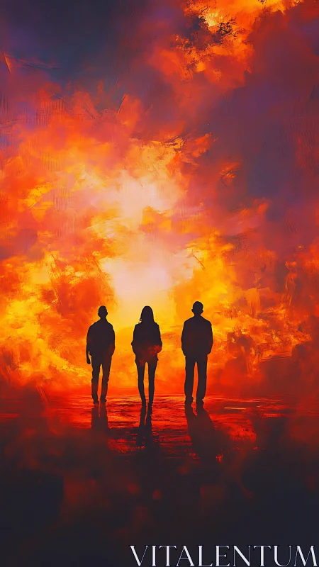 Silhouetted trio walk into blazing abstract sunset portal.