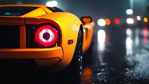 Yellow supercar tail glows over wet neon city street.