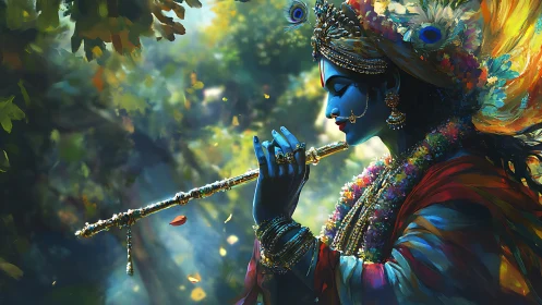 Blue-skinned figure plays flute in dense, diffused forest light