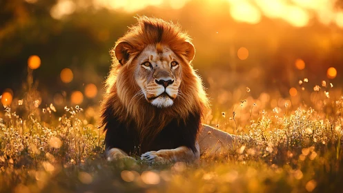 Male lion resting in grassland during warm sunset light.