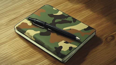 Camouflage field notebook with pen on varnished wooden desk.