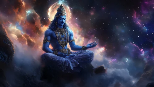 Cosmic blue yogi in stellar nebula meditation fieldscape.