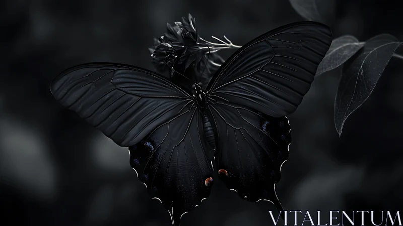 Black butterfly rests on leaf in high-contrast close-up