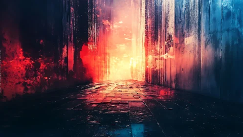 Luminous corridor dissolving into radiant inferno horizon.