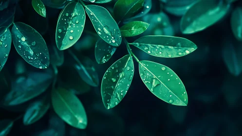 Macro foliage study with dewdrops in cool teal palette.