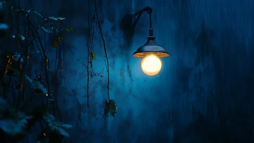 Wall-mounted outdoor lamp illuminating wet blue surface.