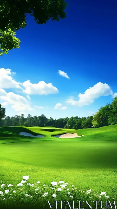 Sunlit golf fairway with sculpted bunkers under vivid sky.