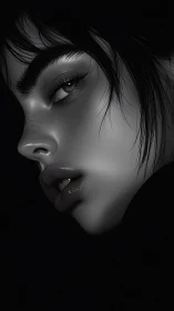 Midnight side‑glance with freckled shadow glossed lips.