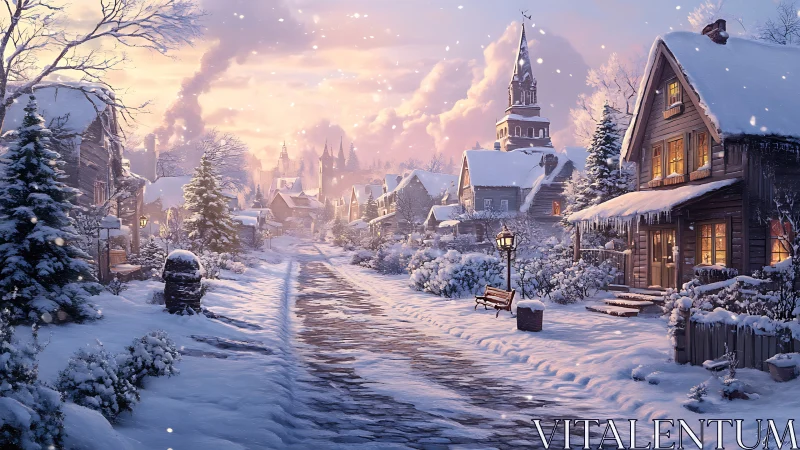 Snow-covered village street under warm sunset glow.
