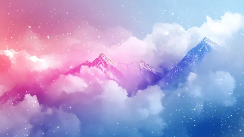 Snowy mountain peaks rise through dense pastel clouds